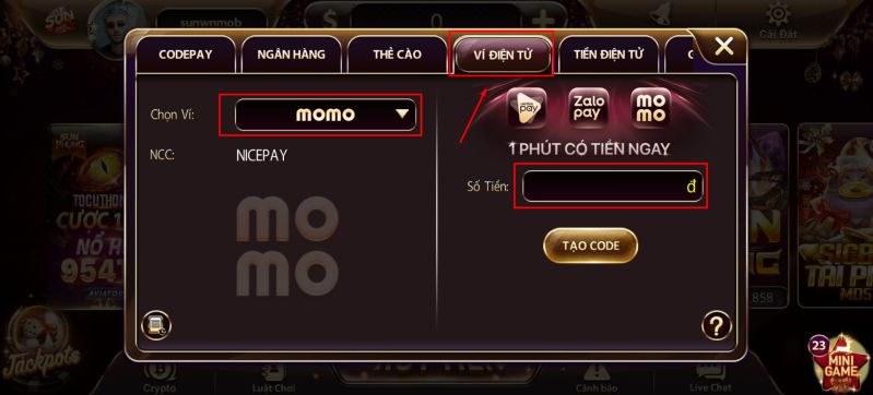 Nạp tiền Sunwin bằng ví điện tử Momo